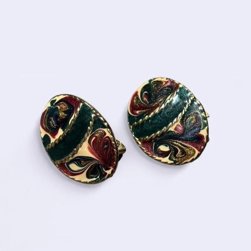 Vintage Enamel‎ Swirl Clip On Earrings Gold Tone Green Burgundy Glitter Oval